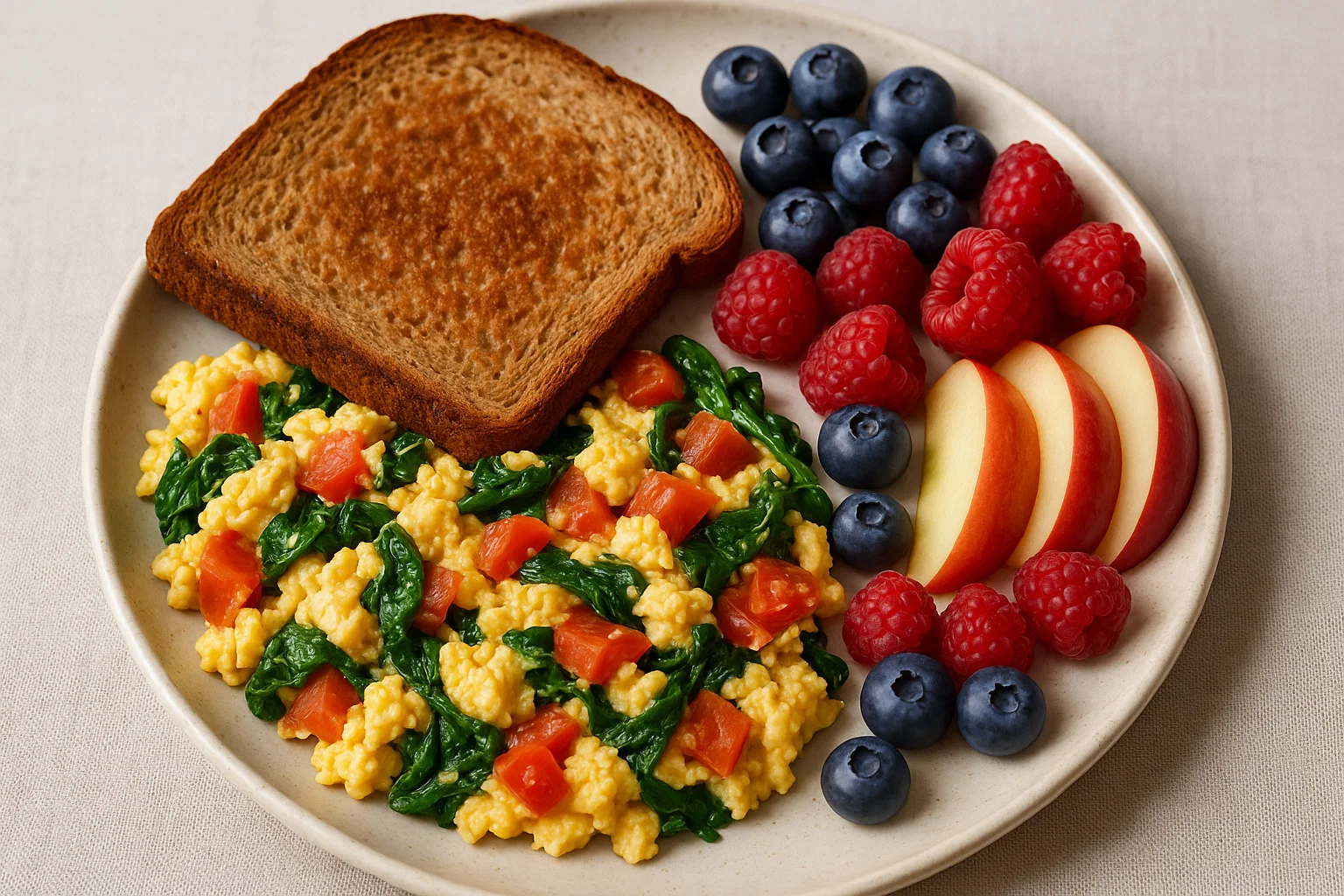 Day 1 - Breakfast Scrambled Eggs with Spinach and Tomatoes, Whole Grain Toast, and Fresh Fruit (Healthy Breakfast Plate)