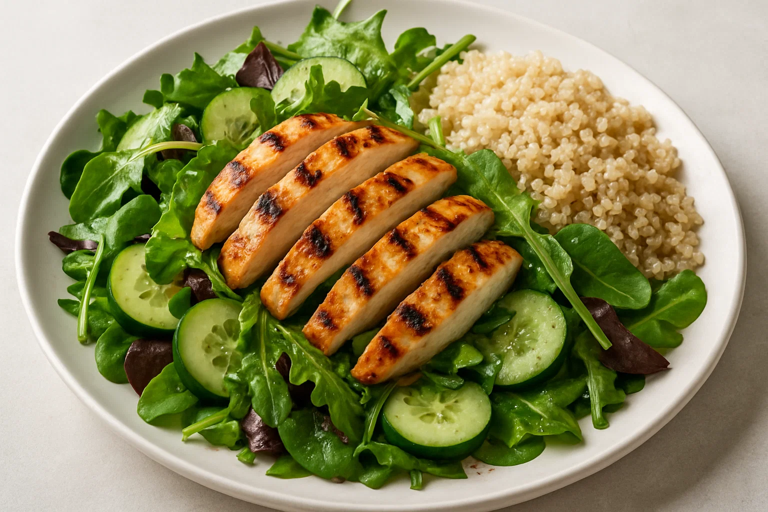 Day 1 - Lunch Chicken Salad with Mixed Greens, Cucumbers, and a Light Vinaigrette, with Quinoa or Brown Rice on the Side (Healthy and Balanced Meal)